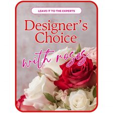 Designer's Choice With Roses In Glass Vase