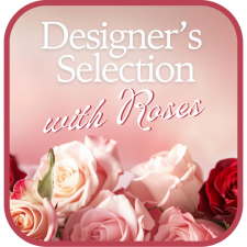 Designer's Choice With Roses In Glass Vase