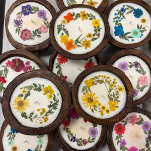 Flower Wreath Round Wood Dough Bowl Soy Candle